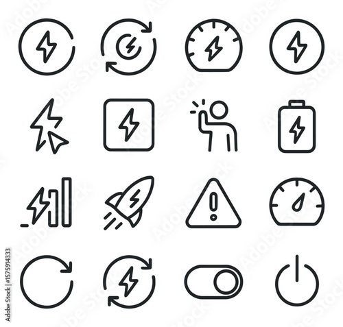Interface and indicators line art icons. loading bolt, quick sync, performance icon, fast update, zap cursor, system flash, action icon, power up, signal charge, app booster, UI