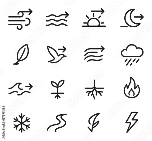 Nature Movement line art icons. wind arrow, water flow arrow, sun path arrow, moon rise arrow, leaf fall arrow, migration arrow, current arrow, rain direction, cloud drift arrow,
