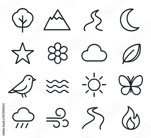 Nature imagery in poetry line art icons. tree, mountain, river, moon, star, flower, cloud, leaf, bird, ocean, sun, butterfly, rain, wind, path, flame.