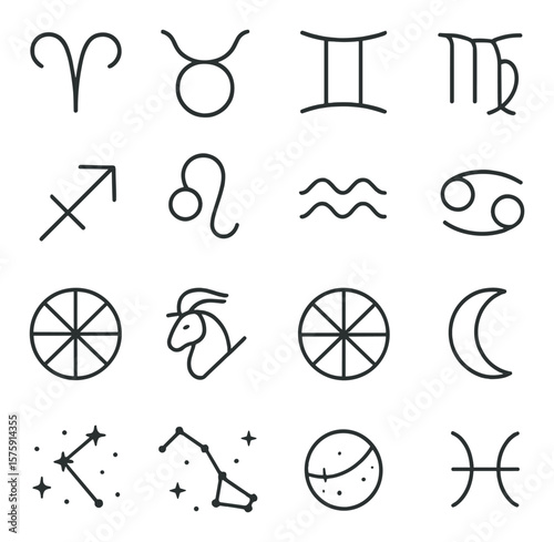 Astrology Signs line art icons. Aries, Taurus, Gemini, Cancer, Leo, Virgo, Libra, Scorpio, Sagittarius, Capricorn, Aquarius, Pisces, zodiac wheel, star map, horoscope chart, moon