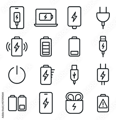Battery and devices line art icons. phone charging, laptop battery, power bank, plug in, wireless charge, battery full, battery low, charger cable, power icon, fast charge, USB