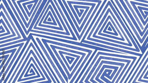Repeating blue and white triangular maze pattern with a hand drawn watercolor texture look and feel