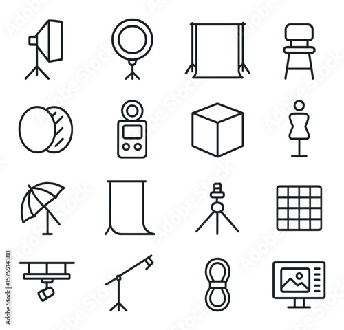 Studio photography setup line art icons. softbox, ring light, backdrop stand, stool, reflectors, light meter, posing box, model stand, light umbrella, backdrop roll, table tripod,