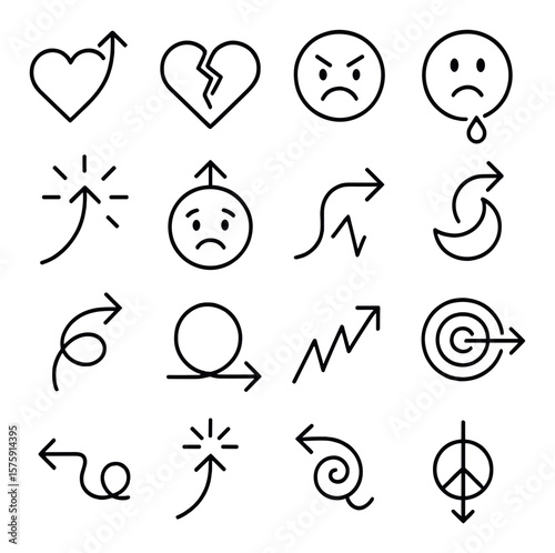 Emotional Direction line art icons. rising heart arrow, broken heart arrow, anger up arrow, sadness drop arrow, joy burst arrow, fear shrink arrow, trust arrow, disgust down arrow,
