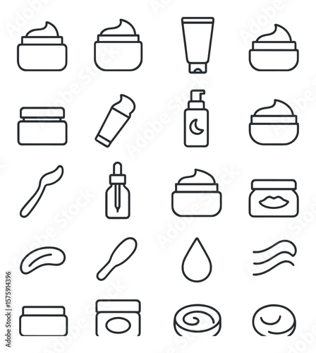 Cosmetic creams line art icons. face cream jar, body butter, hand lotion tube, eye cream pot, foundation jar, creamy cleanser, night cream bottle, moisturizing balm, cream spatula,