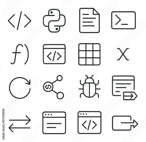 Programming for Analysis line art icons. code bracket, Python icon, script document, terminal icon, function call, code cell, data frame icon, variable icon, loop symbol, code