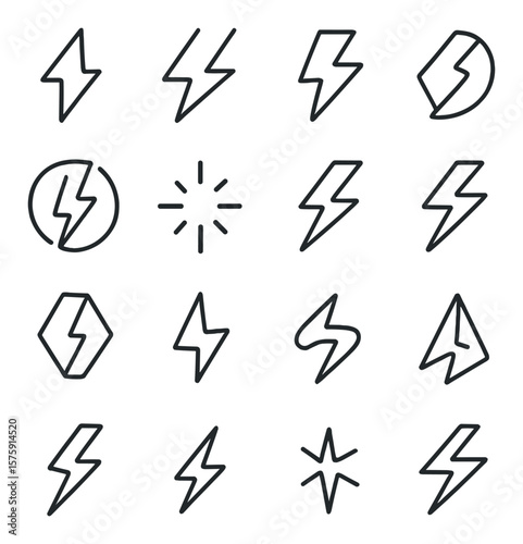 Symbols and abstract line art icons. minimal bolt, double lightning, zigzag flash, outlined thunder, circle bolt, icon spark, rotated bolt, twin zap, hexagon spark, inverted flash,