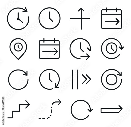 Time Progression line art icons. arrow over clock, hour arrow, timeline marker, calendar arrow, schedule pointer, deadline arrow, countdown arrow, repeat cycle arrow, fast-time