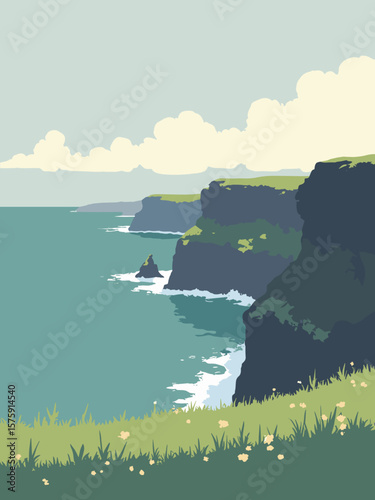 Cliffs of Moher, Ireland – rugged limestone cliffs meeting emerald sea under misty gray skies and pale green grasses