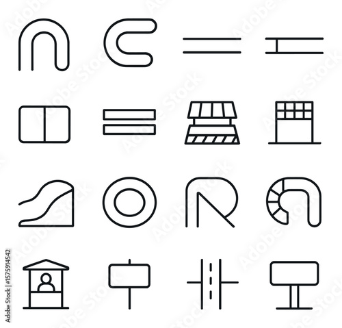 Racing circuits line art icons. hairpin turn, chicane, long straight, pit lane, paddock area, safety barrier, grandstand icon, start grid, elevation map, circuit loop, corner apex,