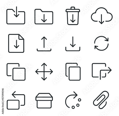 File Actions line art icons. arrow to folder, arrow from folder, arrow to trash, arrow from cloud, arrow on document, import arrow, export arrow, sync arrow, copy arrow, move arrow