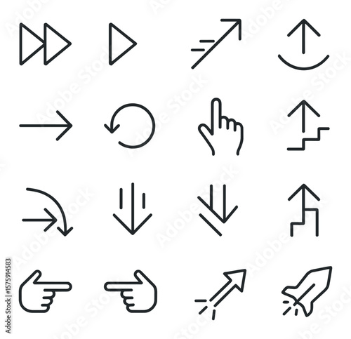 Motion & Kinetics line art icons. fast forward arrow, rewind arrow, speed arrow, bounce arrow, slide arrow, rotate arrow, flick arrow, jump arrow, swing arrow, thrust arrow, fall