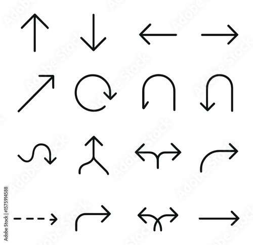 Directional Arrows line art icons. up arrow, down arrow, left arrow, right arrow, diagonal up-right, diagonal down-left, circular arrow, U-turn arrow, loop arrow, zigzag arrow,