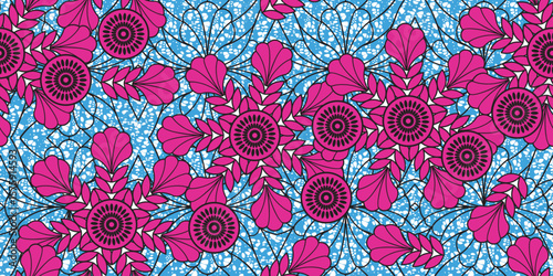 African ethnic traditional blue. seamless beautiful Kitenge pattern, chitenge, dutch wax style. fashion design in colorful. pink botanical abstract motif. pink floral Ankara prints,African wax prints.
