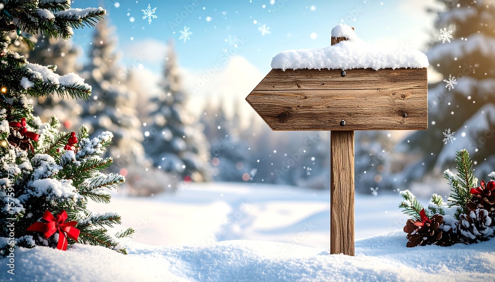 Naklejka premium Snowy winter scene with wooden sign