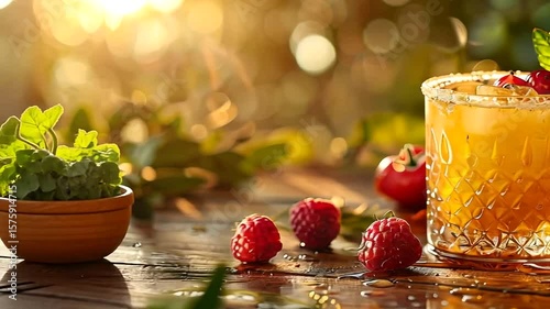 Refreshing cocktail with ripe raspberries warm sunlit scene