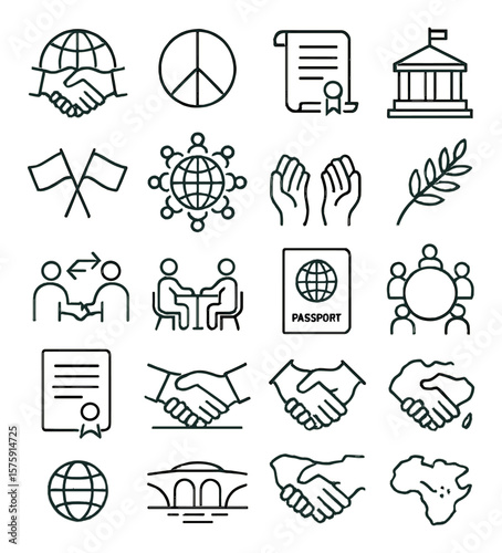 International Relations line art icons. handshake with globe, peace symbol, treaty scroll, embassy building, country flags, global unity, diplomacy hands, olive branch, cultural