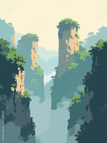 Zhangjiajie National Forest, China – vertical sandstone pillars rising through mist in moss green, sandstone beige, fog white, and slate