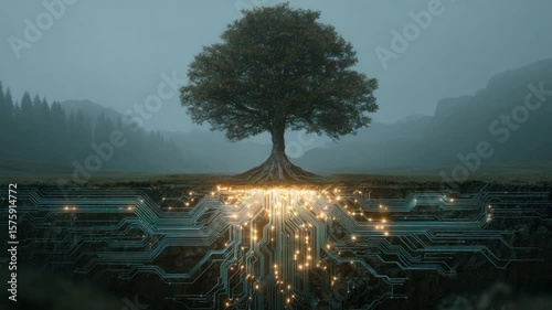 Tree with glowing circuit roots extends below a grassy plain into mountains