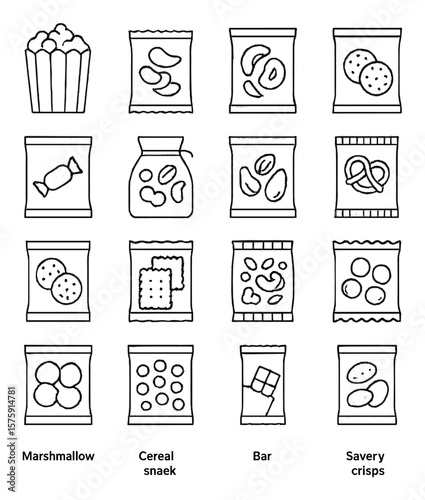 Snack bags line art icons. popcorn bag, chips packet, dried fruit pouch, cookies bag, candy pack, trail mix sack, nut bag, energy bites, rice crackers, biscuit pouch, granola snack