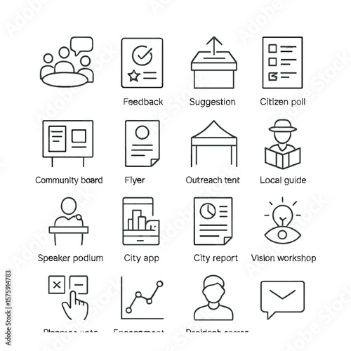 Community engagement line art icons. public meeting icon, feedback form, suggestion box, citizen poll, community board, info flyer, outreach tent, local guide, speaker podium,