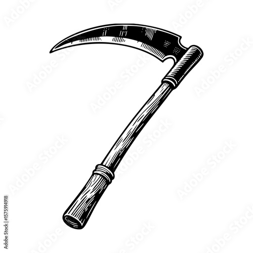 Sickle sketch engraving black and white outline. Scratch board imitation.  illustrated in vintage line art style on a white background.
