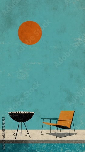 In the warmth of a vibrant summer, a charcoal grill and an orange sun invite joyful moments of outdoor cooking and relaxation by the poolside