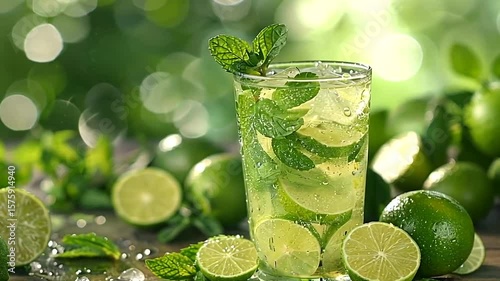 Refreshing lime drink with mint sprig