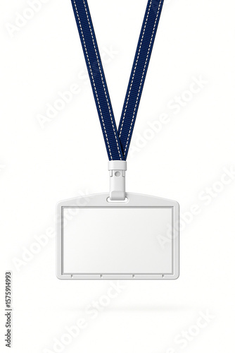 Blank white id badge holder with blue lanyard isolated on white background.