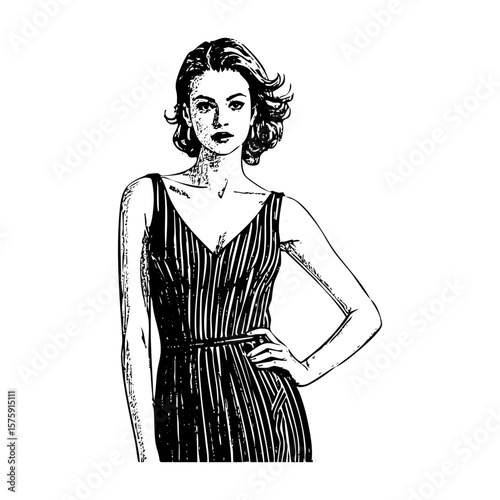 Woman wear dress with confidence pose engraving black and white outline. Scratch board imitation.  illustrated in vintage line art style on a white background.