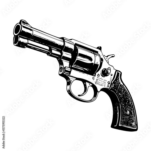 Handgun engraving black and white outline. Scratch board imitation.  illustrated in vintage line art style on a white background.