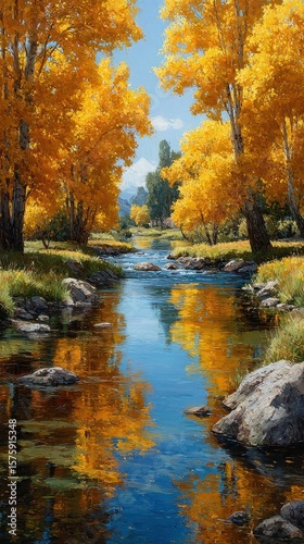 Colorful autumn landscape with a tranquil river reflecting golden foliage under a clear sky