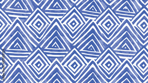 Watercolor blue and white geometric pattern with triangles and squares in a seamless repeat design