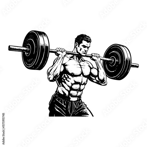 Man lifting Barbell engraving black and white outline. Scratch board imitation.  illustrated in vintage line art style on a white background.