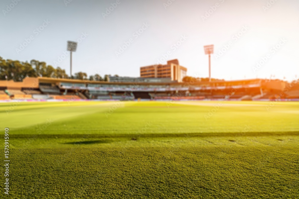 Obraz premium Professional sports stadium with lush green grass field, illuminated floodlights, modern grandstand seating and panoramic sunset sky perfect for events.