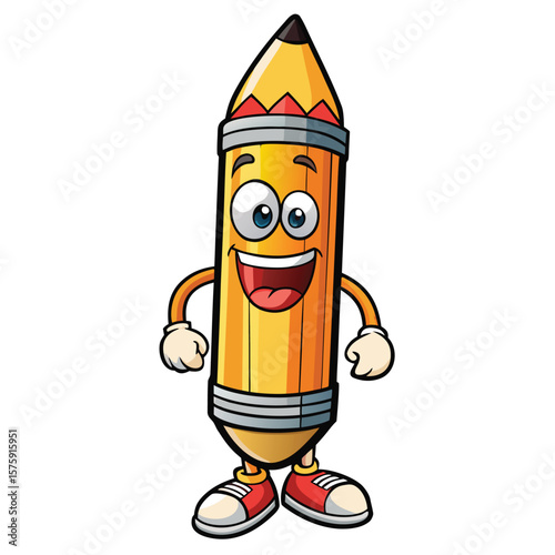 A cartoon pencil character with a happy expression, standing upright, wearing red sneakers