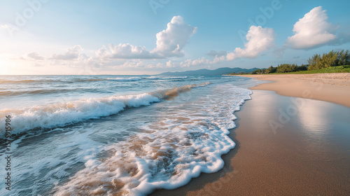 Tropical beach with pastel sky and a few gentle waves.
