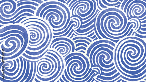Watercolor style blue and white swirls and waves forming a repeating pattern background design element