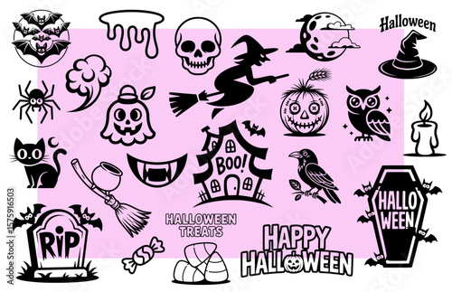 Set of Halloween icons and spooky symbols like skull, witch, black cat, ghost, haunted house and other creepy elements