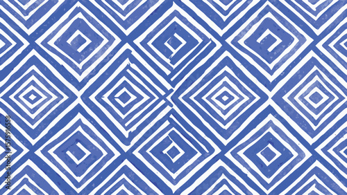 Repeating pattern of blue and white concentric diamonds with a hand painted watercolor style look