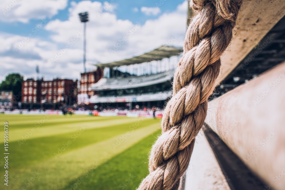 Fototapeta premium Close-up braided boundary rope framing lush green cricket pitch at historic stadium under bright sky, capturing vibrant summer sports atmosphere.