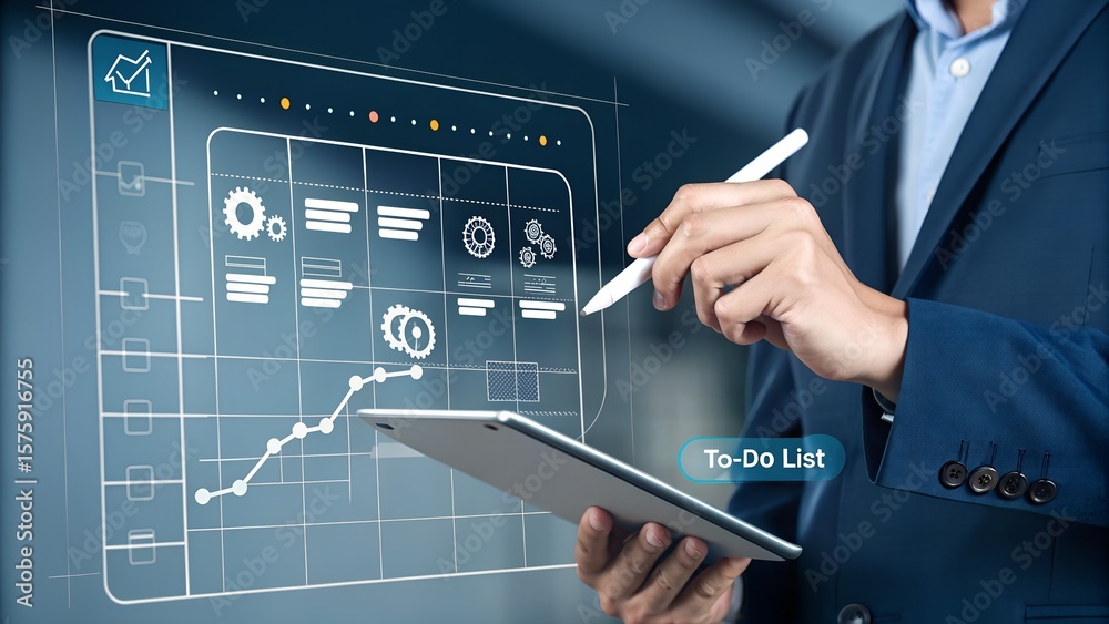 Fototapeta premium A business professional interacts with a virtual screen, managing data, charts, and a to do list using a digital pen for efficient workflow.