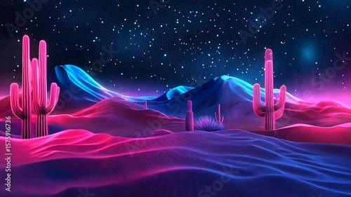 Neon desert landscape at night under a starry sky