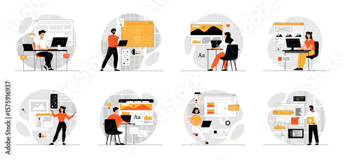 Bundle of Web Design concepts with people scene in flat cartoon design. Collection work with men and women. Designers create UI and UX designs for webpage user interface or mobile app. Vector