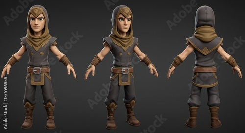 3D model of a hooded figure, displayed in three views.  The character is young,  wearing dark clothing and a hood,  with accents of light brown.  Cartoonish style