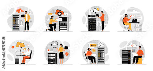 Bundle of Cloud Computing Storage concepts with people scene in flat cartoon design. Collection work with men and women. People upload and download data to cloud services. Vector illustration