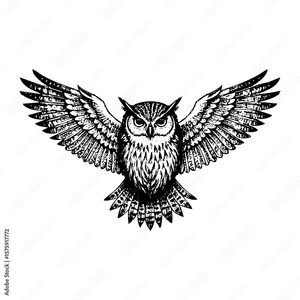 Obraz premium Horned owl flying spread wing sketch engraving black and white outline. Scratch board imitation.