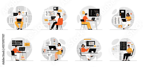 Bundle of Development, Programming, Coding concepts with people scene in flat cartoon design. Collection work with men and women. Programmers writing code, tests and fixes bugs . Vector illustration