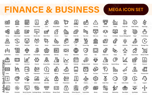 Finance and Business Icon Pack in Flat Outline Style. Includes Pixel-Perfect Vector Icons for Money Management, Financial Planning, Taxation, E-Commerce, and Corporate Strategy.