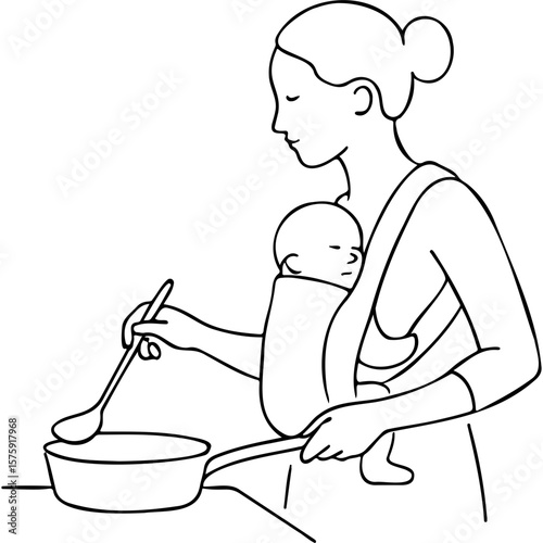 Mother cooking while carrying baby in a sling at home  